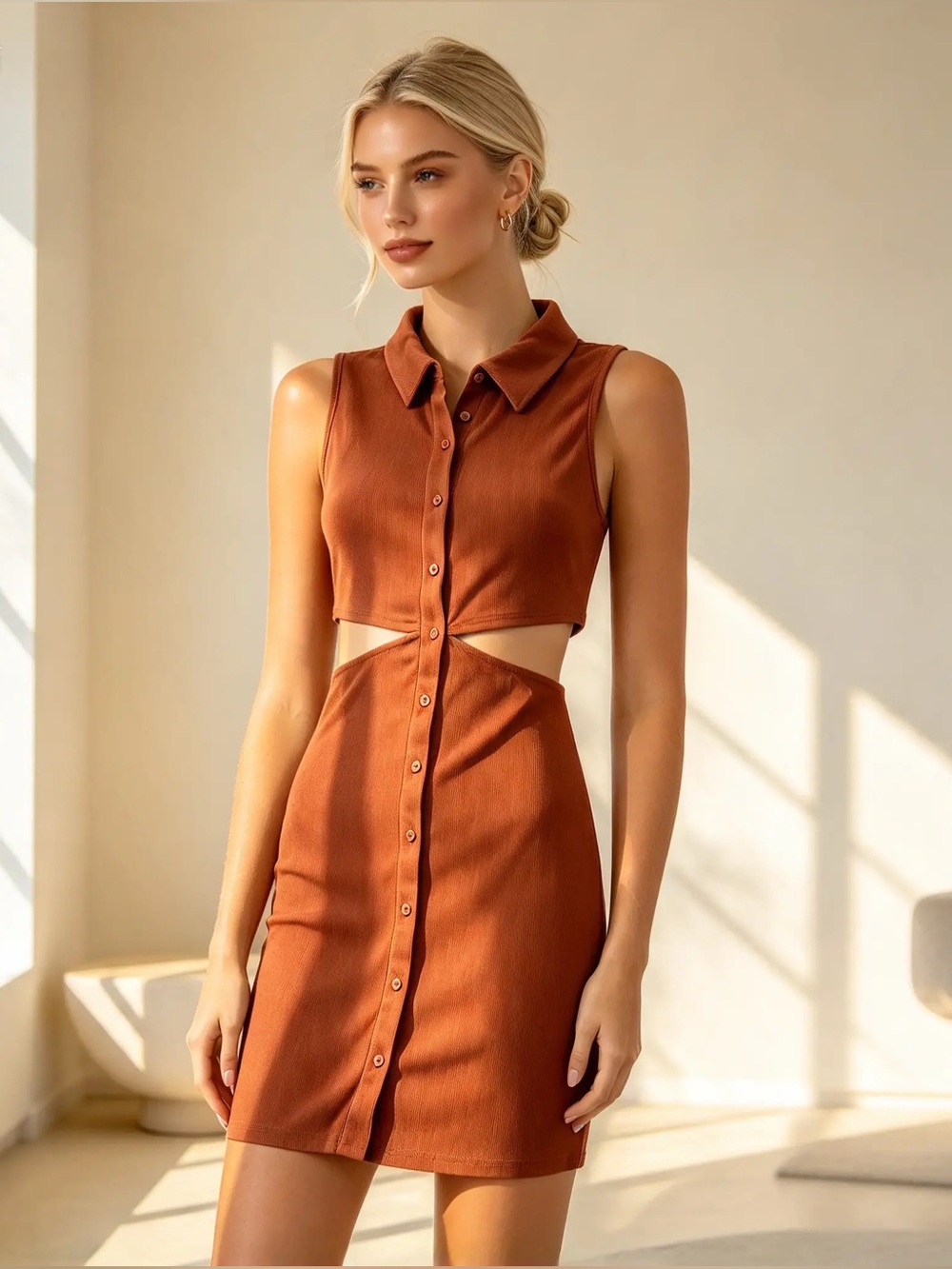 SHEIN Rust Collared Cutout Button-Front Mini Dress - Picture 6 of 6